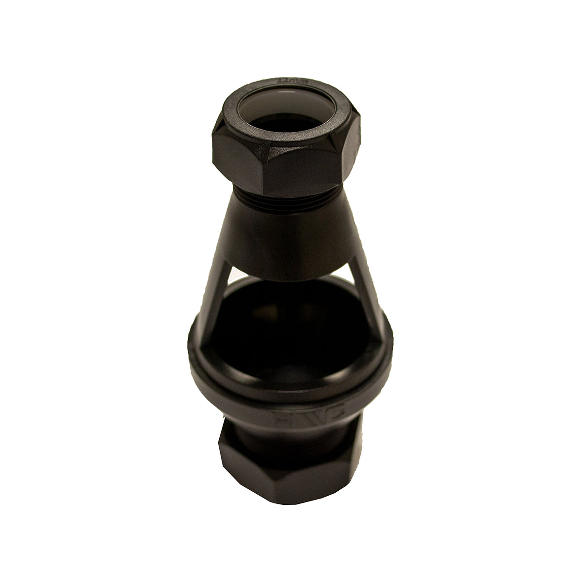 A black plastic tundish, a component used in plumbing systems to prevent backflow, with visible connection points.